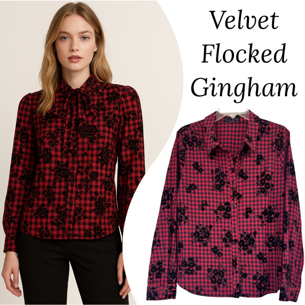 Floral Plaid Blouse Velvet Embossed Vintage Flocked Gingham Plaid Rose Red XL